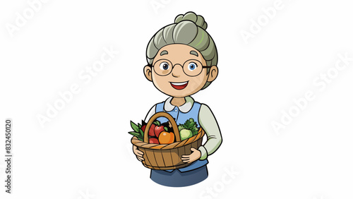 The fourth visitor was a middleaged woman with grey hair tied back neatly in a bun. She was carrying a woven basket filled with produce from her. Cartoon Vector.