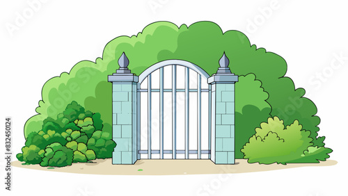 The gate to the garden was shut keeping out any unwanted critters. Its stark white bars stood in stark contrast to the lush greenery behind it giving. Cartoon Vector.