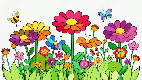 The garden was a sight to behold with vibrant flowers of all colors blooming in perfect symmetry. The buzzing of bees and fluttering of butterflies. Cartoon Vector.