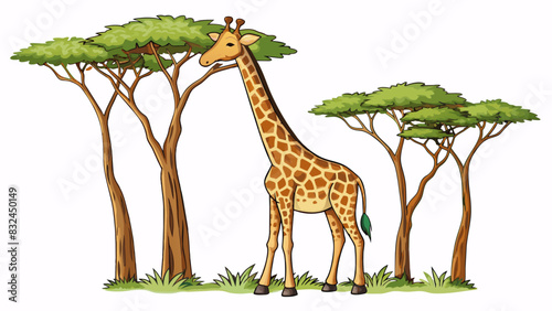 The giraffes long neck stretched to an incredible height allowing it to reach the leaves at the top of the tall trees in the savannah. Its spotty coat. Cartoon Vector.