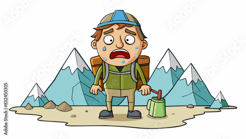 The hiker lost in the mountains was suffering from severe dehydration with cracked lips and sunken eyes desperately searching for water.. Cartoon Vector.