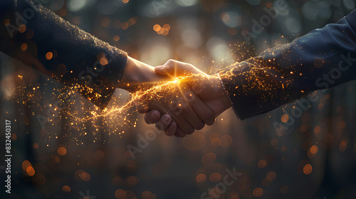 A businessman and businesswoman shake hands, with a spark flying between them, representing the energy and synergy of a successful partnership photo