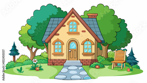 The institute is a small quaint cottage nestled in the middle of a green forest. The front yard is filled with colorful flowers and a stone pathway. Cartoon Vector.