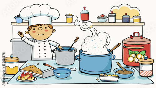 The kitchen was a bustling hub of activity pots and pans clanging together in a symphony of sizzling aromas. Moreover the wooden countertops were. Cartoon Vector.