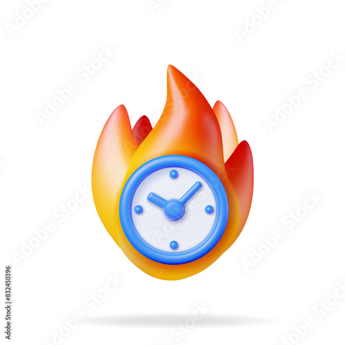 3D alarm clock in fire isolated on white. Render burning clock symbol. Decision, deadline coming, hurry up. Fast time stop watch, limited offer. Time management, planning business. Vector illustration