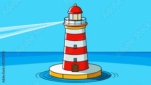 The lighthouse stood tall and proud its white and red stripes standing out against the blue ocean. Its light could be seen from miles away guiding. Cartoon Vector.