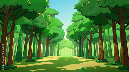 The lush forest was alive with deep shades of green the thick canopy blocking out most of the sunlight and creating a cool shadowy atmosphere. The. Cartoon Vector.
