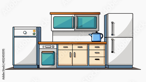 The mockup of a modern kitchen had sleek white cabinets with chrome handles and a granite countertop. It also featured a large stainless steel. Cartoon Vector.