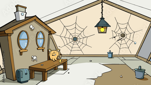 The old dusty attic is filled with cobwebs and shadowy corners. The only source of light is a single flickering light bulb casting distorted shadows. Cartoon Vector.