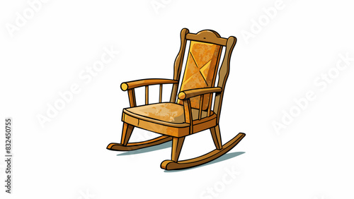 The old wooden rocking chair creaked as it settled into the corner of the room its curved arms and worn upholstery giving it a cozy and wellloved. Cartoon Vector.