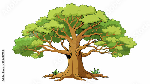 The old trees growth finally came to a conclude as it reached its full height its branches spreading wide to provide shade to the creatures below.. Cartoon Vector.