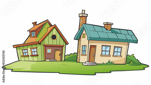 The old worndown house had peeling paint and a crooked chimney whereas the modern house next door had a sleek design and a perfectly manicured lawn.. Cartoon Vector.