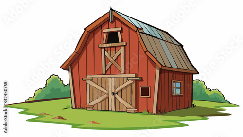 The old weathered barn stood stoically in the field its wooden boards worn and chipped but still sy.. Cartoon Vector.