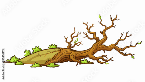 The old tree was completely uprooted now lying on its side with its gnarled roots exposed to the air. Its branches once full and green were now wilted. Cartoon Vector.