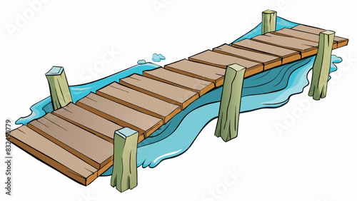 The old wooden bridge creaked and swayed as the river rushed below its faded paint peeling and weathered boards showing signs of age.. Cartoon Vector.