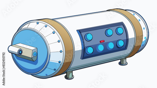 The output is a large cylindrical object with a smooth silver exterior. It has multiple buttons and a digital screen displaying a clock and. Cartoon Vector.