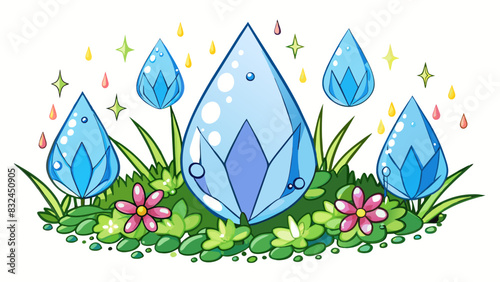 The raindrops were like glittering jewels as they glistened in the sunlight bouncing playfully off of leaves and flowers in the garden.. Cartoon Vector.
