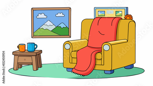 The recliner in the living room is positioned just right with a warm blanket dd over it. The TV is playing a calming nature documentary creating a. Cartoon Vector.