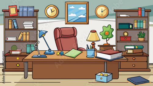 The professors office is a cozy and cluttered space filled with stacks of books and papers. The walls are lined with degrees and certificates while. Cartoon Vector.