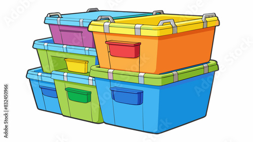 The relevant item was a set of colorful stackable plastic bins. Each bin had a different bright color and a clear label on the front to easily. Cartoon Vector.