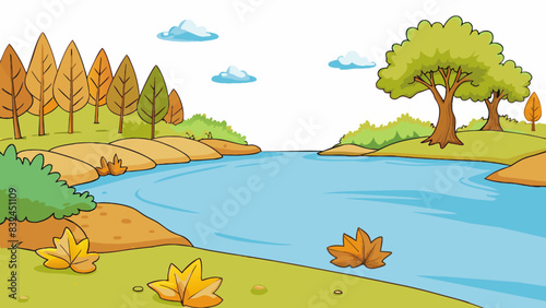 The serene lakeside was a haven of quiet with only the occasional rustle of leaves and gentle lapping of water against the shore the stillness.. Cartoon Vector.