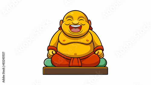 The small weathered statue of a laughing Buddha sat on the windowsill its round belly and smiling face believed to bring prosperity and good fortune. Cartoon Vector.