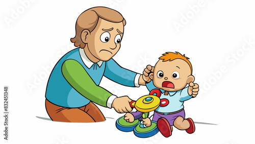The toddlers grip on the toy was firm and determined their chubby little fingers refusing to let go despite their parents attempts to pry it away.. Cartoon Vector.