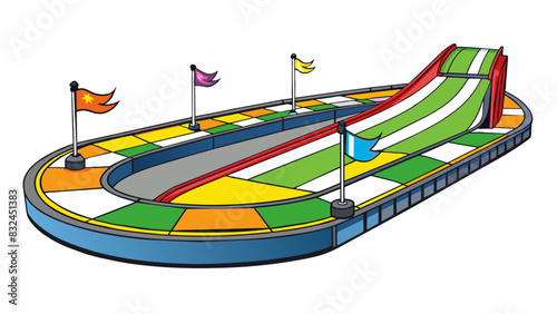 The track at the raceway is lined with brightly colored flags marking the twists and turns. The smooth asphalt glistens under the bright stadium. Cartoon Vector.