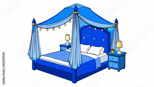 The walls of the residents bedroom were painted a deep blue with a white canopy bed adorned with string lights in the center.. Cartoon Vector.