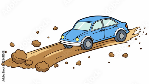 The wake of the car was a dusty trail on the dirt road kicked up by its spinning tires. The small rocks and debris danced in its wake before settling. Cartoon Vector.