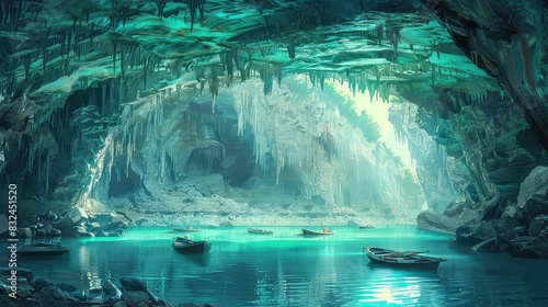 Subterranean cave with a vast underground lake and boats  cool colors  photorealistic  digital painting  serene and expansive 