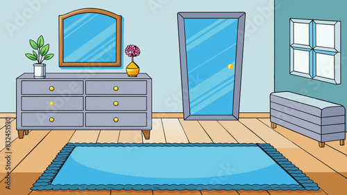 The walls of the bedroom were painted a calming shade of light blue creating a peaceful atmosphere. A plush gy rug covered the wooden floor adding a. Cartoon Vector.