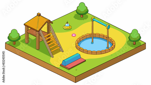 The yard is equipped with a wooden swing set a sandpit and a yellow slide making it a perfect play area for children. The grass is wellmaintained and. Cartoon Vector.
