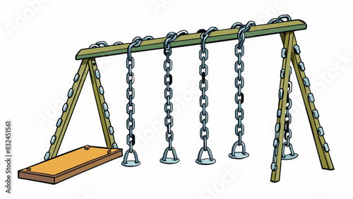 The worn metal chains dangled heavily from the abandoned swing set swaying slightly in the gentle breeze.. Cartoon Vector.