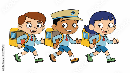 Troop C A group of young students walking in a line towards their school bus with their backpacks slung over their shoulders. Each one is wearing a. Cartoon Vector.