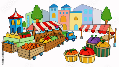 Transport yourself to a bustling city square filled with the sights and sounds of a busy market. Colorful fruits and vegetables are piled high on. Cartoon Vector.