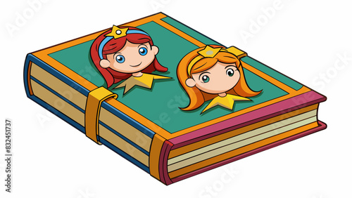 Two books bundled together with one filled with fairy tales and the other with adventure stories. They represent the diverse interests of two sisters. Cartoon Vector.