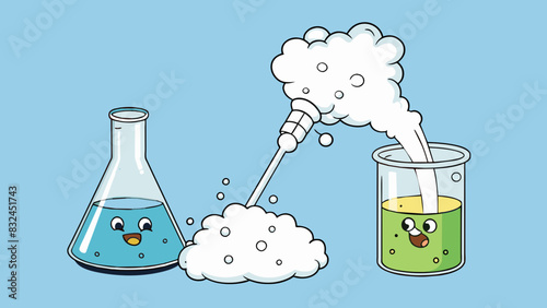 Two clear liquids are poured into a beaker and immediately a white cloudy substance forms and sinks to the bottom. The liquids bubble and release a. Cartoon Vector.