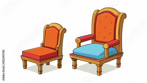 Two chairs p side by side with one being taller and wider than the other. The taller chair has a cushioned seat while the shorter one is made of wood.. Cartoon Vector.