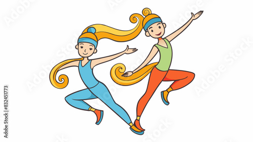 Two dancers performing a synchronized routine the partnership is fluid and harmonious with both individuals moving in sync and relying on each other. Cartoon Vector.