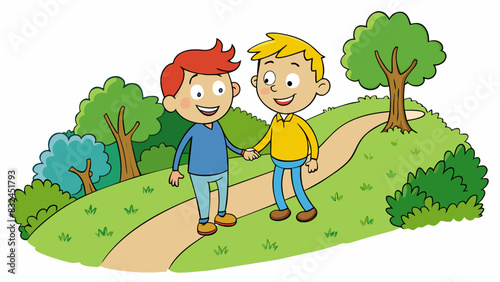 Two friends walking down a narrow winding path in the woods their arms linked closely together as they chat and laugh.. Cartoon Vector.