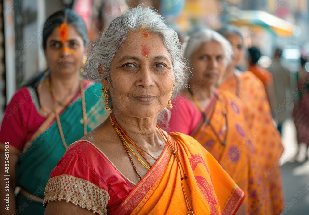 A group of Indian women in their late thirties and early forties stand side by side on the street. They all wear sarees with vibrant colors.