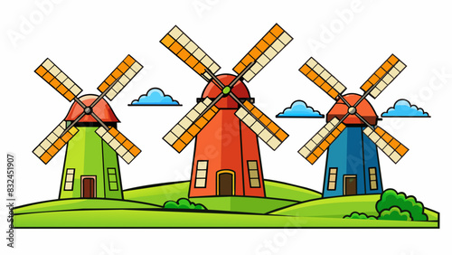 Windmills In the countryside of Holland you will find tall structures with large spinning blades on top. These are called windmills and they are used. Cartoon Vector. photo
