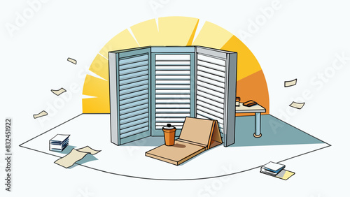 With a flick of a switch the metal shutters rolled up flooding the small room with bright sunlight and revealing a cluttered desk covered in papers. Cartoon Vector.