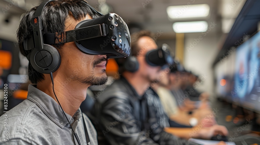 photograph of A group of aerospace engineers collaborates to design a new spacecraft. Using a virtual reality headset to simulate flight conditions. photograph of A group of aerospace engineers collaborates to design a new spacecraft. Using a virtual reality headset to simulate flight conditions.