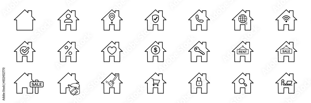 Set of house vector line icons. Contains symbols of contract, heart, payment, key, purchase, rent payment, fire, money on white and transparent backgrounds.