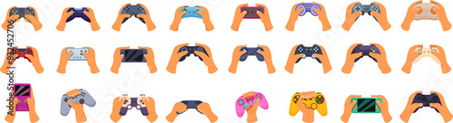 Gamer hands console controller icons set vector. A hand holding a game controller with a pink controller