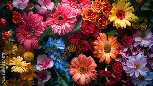 Colorful flower arrangement showcasing a mix of vibrant hues and shades, perfect for an art project