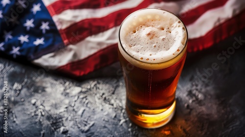 A frothy glass of beer with the American flag in the background, symbolizing a patriotic celebration with a cold beverage.