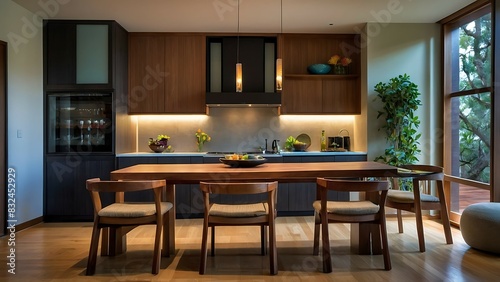 wooden dining table in modern dinning room.